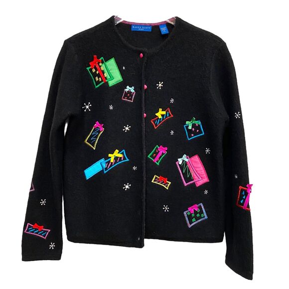 Vintage 90s Karen Scott Black Wool Christmas Present Cardigan Sweater size S - Picture 1 of 10